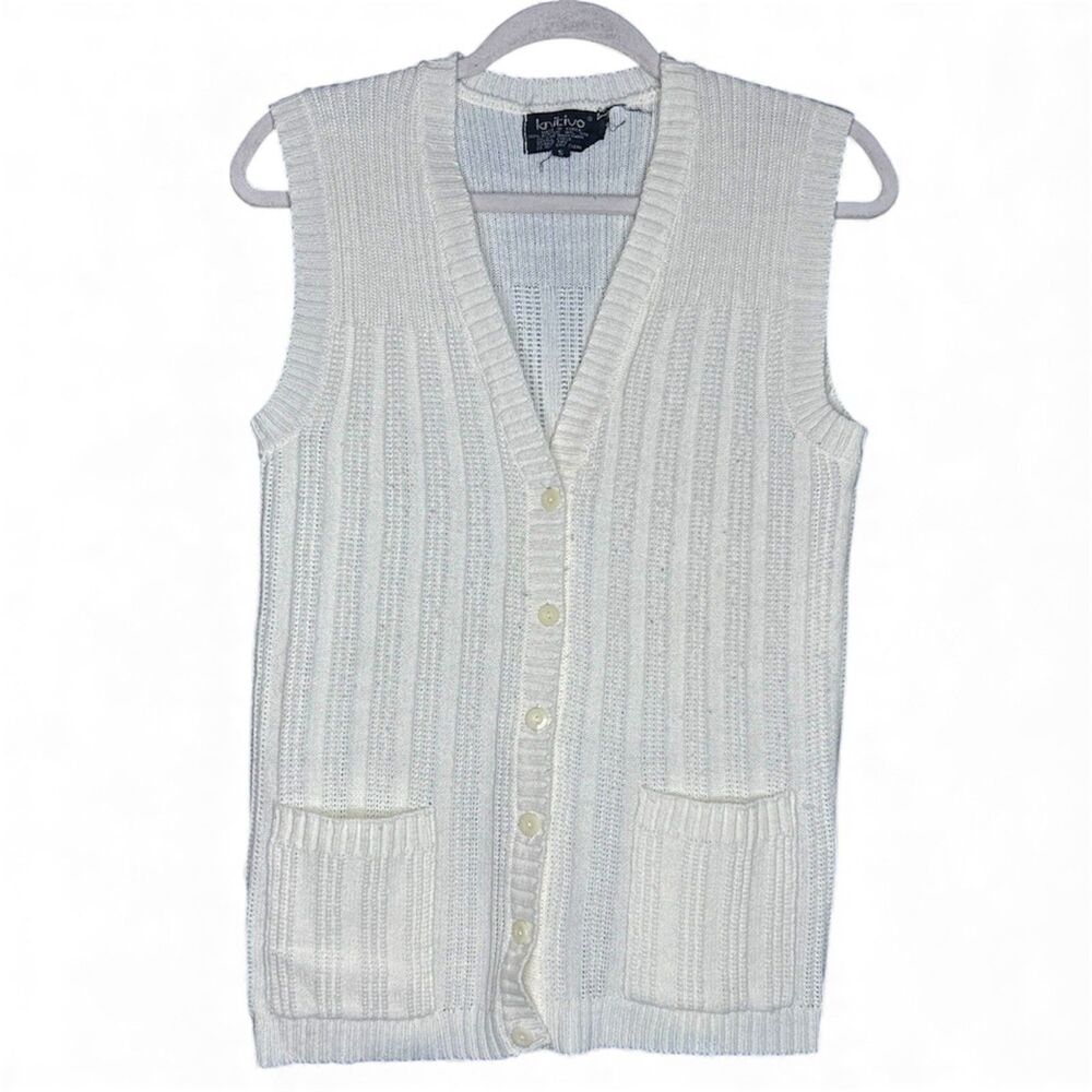 Vintage Women's 1970s 1980s Buttercream Acrylic Cable Knit Sweater Vest Cardigan